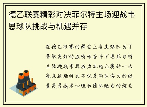 德乙联赛精彩对决菲尔特主场迎战韦恩球队挑战与机遇并存